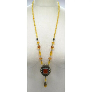 Victorian Topaz Glass Rhinestone Filigree Bead Beaded Pendant Necklace